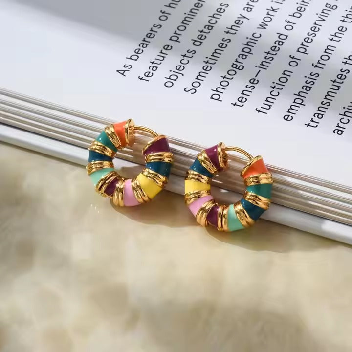 Glammiee Fashion Multicolour Drip Oil Enamel Twisted Bamboo Joint Thick C Shape Hoop Earrings Stainless Steel Ear Buckle Wed Jewelry Gift