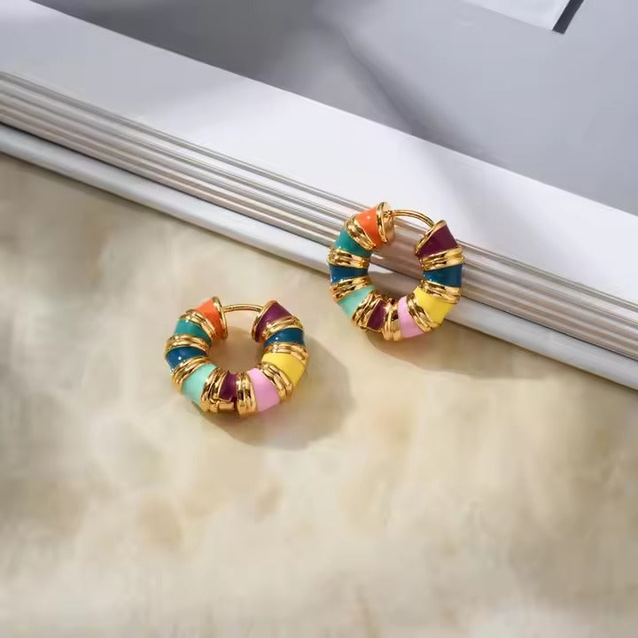 Glammiee Fashion Multicolour Drip Oil Enamel Twisted Bamboo Joint Thick C Shape Hoop Earrings Stainless Steel Ear Buckle Wed Jewelry Gift