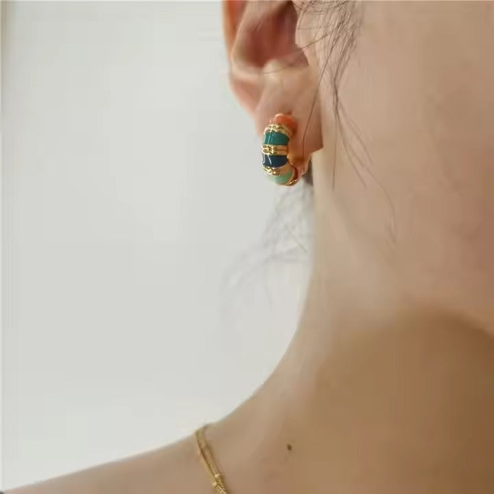 Glammiee Fashion Multicolour Drip Oil Enamel Twisted Bamboo Joint Thick C Shape Hoop Earrings Stainless Steel Ear Buckle Wed Jewelry Gift