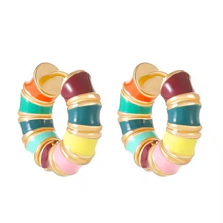 Glammiee Fashion Multicolour Drip Oil Enamel Twisted Bamboo Joint Thick C Shape Hoop Earrings Stainless Steel Ear Buckle Wed Jewelry Gift