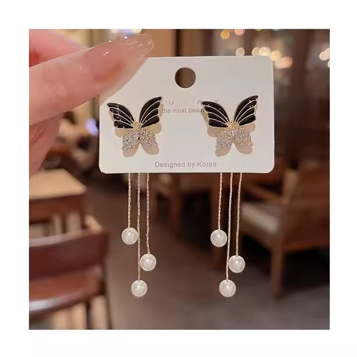 Glammiee Black Butterfly Tassel Earrings Fashionable Long Chain With Pearl Studded Earrings with Creative Front and Back Earrings
