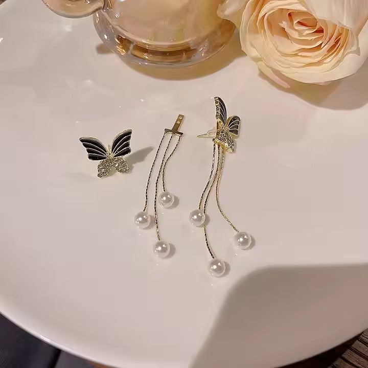 Glammiee Black Butterfly Tassel Earrings Fashionable Long Chain With Pearl Studded Earrings with Creative Front and Back Earrings