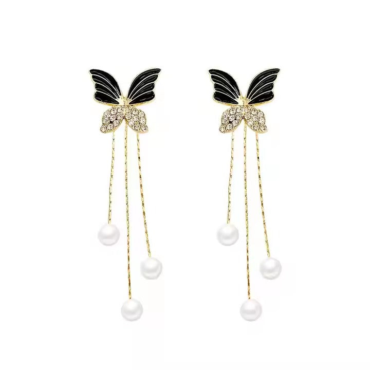 Glammiee Black Butterfly Tassel Earrings Fashionable Long Chain With Pearl Studded Earrings with Creative Front and Back Earrings