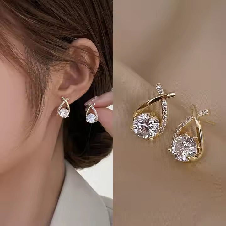 Glammiee Minimalist Trendy Gold Plated Geometry Cross-Cutting Water Drop Shape Diamond Earring