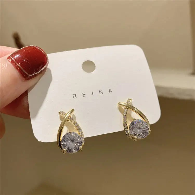 Glammiee Minimalist Trendy Gold Plated Geometry Cross-Cutting Water Drop Shape Diamond Earring