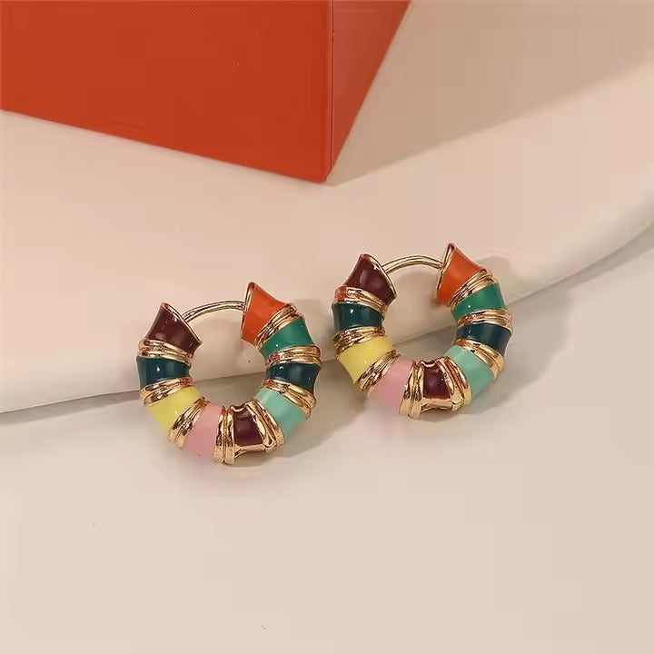 Glammiee Fashion Multicolour Drip Oil Enamel Twisted Bamboo Joint Thick C Shape Hoop Earrings Stainless Steel Ear Buckle Wed Jewelry Gift