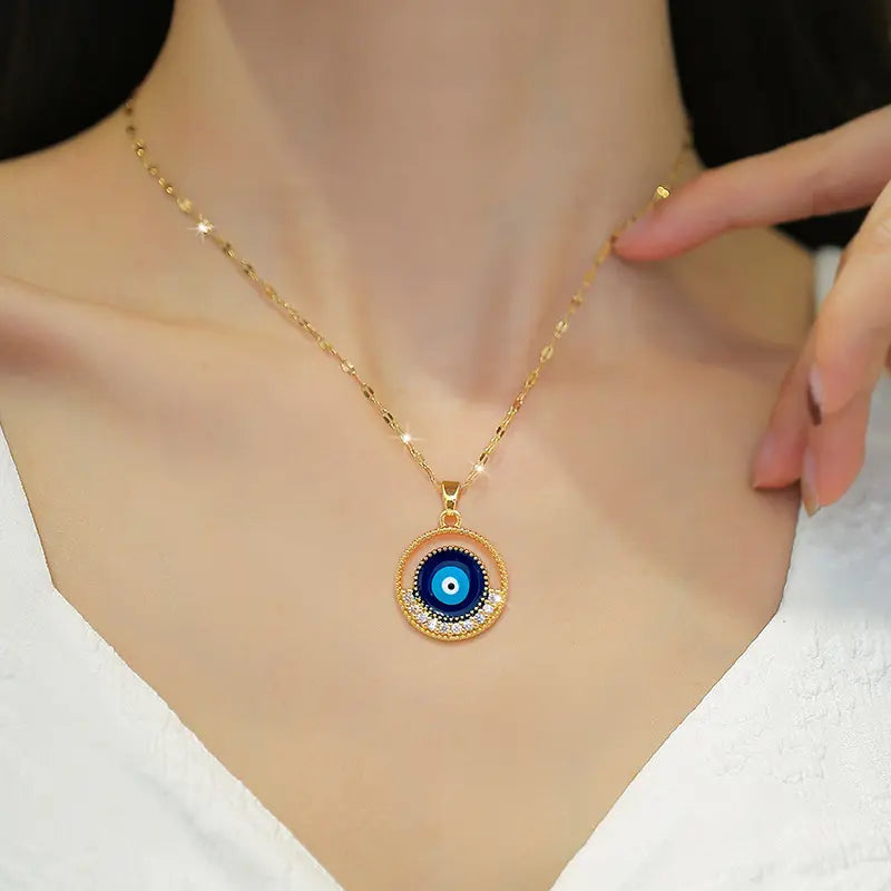 Glammiee New Arrived Fashion Jewelry Evil Eye Necklace 316L Stainless Steel Plated 18K Real Gold Blue Eye Necklace Women