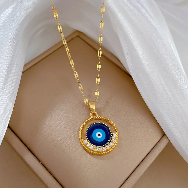 Glammiee New Arrived Fashion Jewelry Evil Eye Necklace 316L Stainless Steel Plated 18K Real Gold Blue Eye Necklace Women