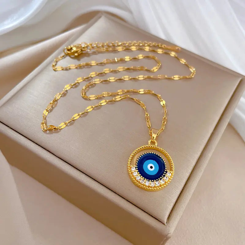 Glammiee New Arrived Fashion Jewelry Evil Eye Necklace 316L Stainless Steel Plated 18K Real Gold Blue Eye Necklace Women