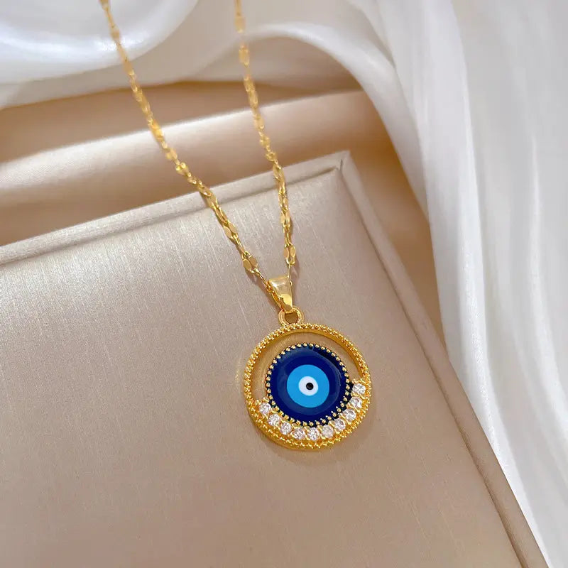 Glammiee New Arrived Fashion Jewelry Evil Eye Necklace 316L Stainless Steel Plated 18K Real Gold Blue Eye Necklace Women