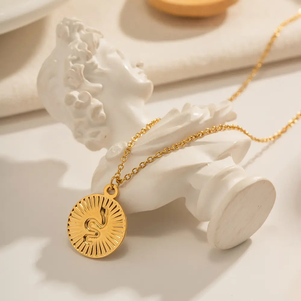 Glammie Tarnish Free Stainless Steel Gold Necklace Coin Round Embossed Snake Necklace Waterproof Pendant Necklace for Women