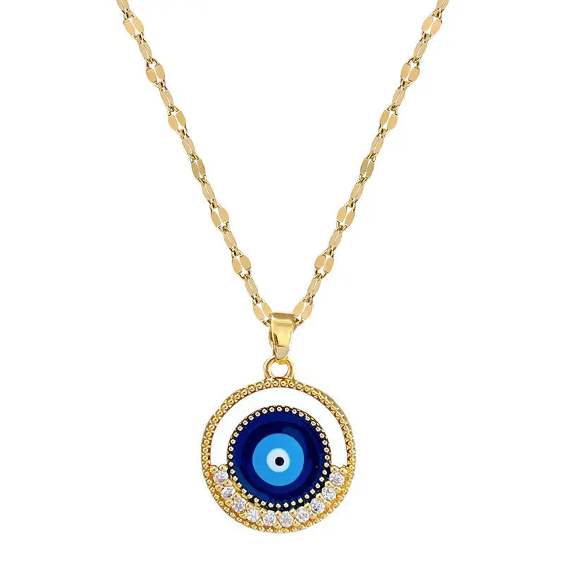 Glammiee New Arrived Fashion Jewelry Evil Eye Necklace 316L Stainless Steel Plated 18K Real Gold Blue Eye Necklace Women