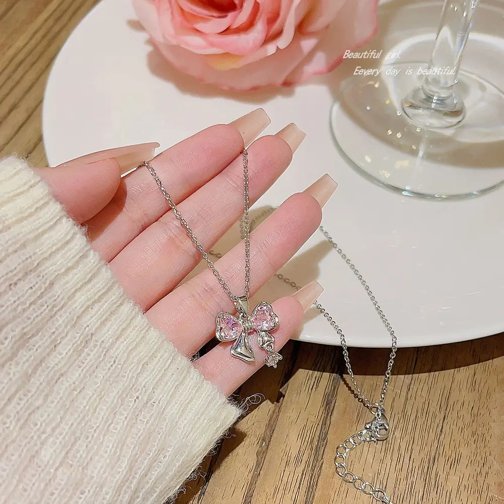 Glammiee Gold Plated Brass Micro Inlaid Cute Pink White Heart Zircon Butterfly Bowknot Charm Pendant Necklace Jewelry for Women