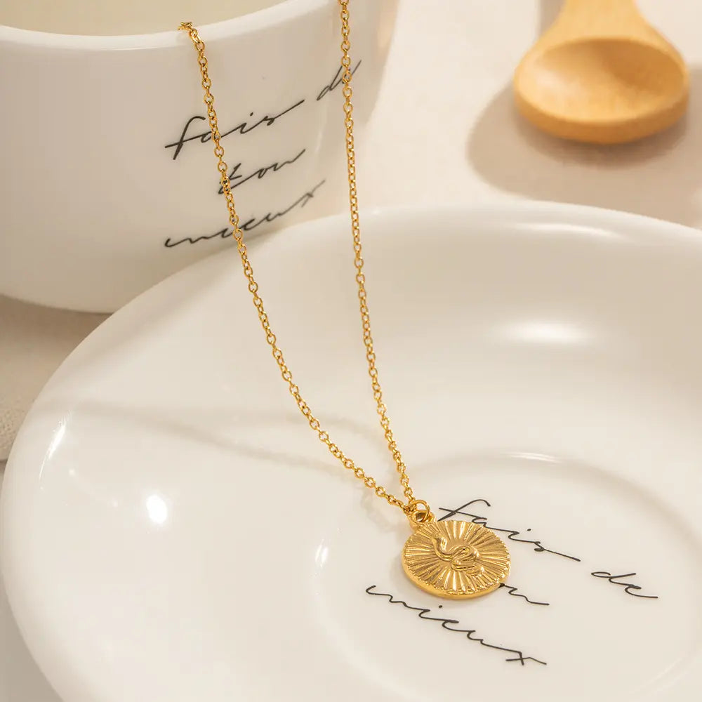 Glammie Tarnish Free Stainless Steel Gold Necklace Coin Round Embossed Snake Necklace Waterproof Pendant Necklace for Women