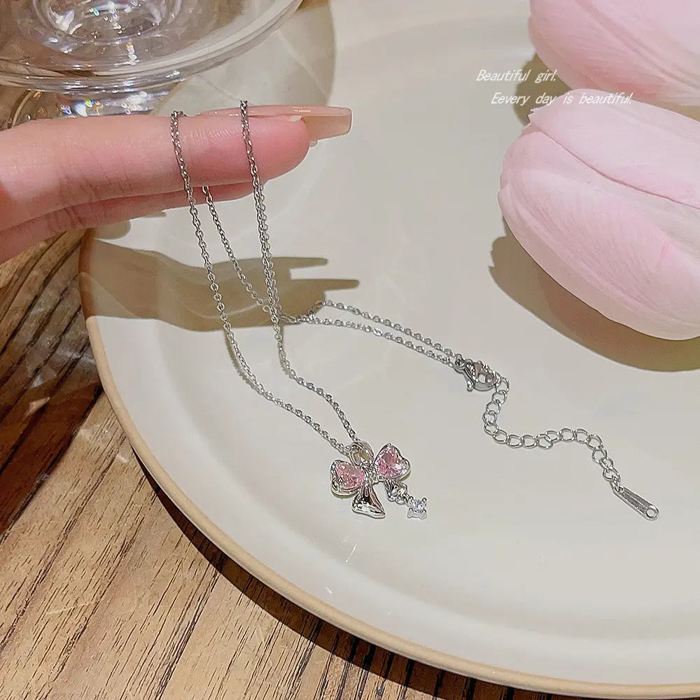 Glammiee Gold Plated Brass Micro Inlaid Cute Pink White Heart Zircon Butterfly Bowknot Charm Pendant Necklace Jewelry for Women