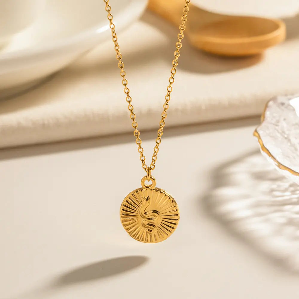 Glammie Tarnish Free Stainless Steel Gold Necklace Coin Round Embossed Snake Necklace Waterproof Pendant Necklace for Women