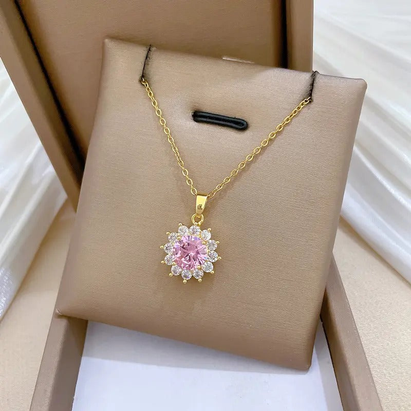 Glammiee Shiny Pink Zircon Flower Pendant