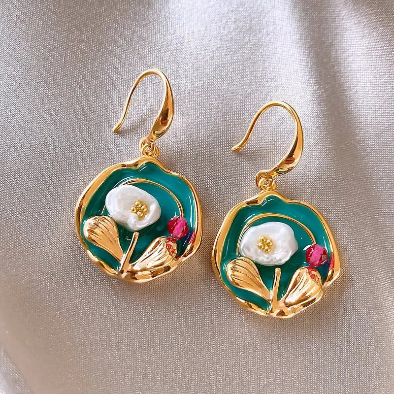 Glammiee High Fashion Dripping Oil Stud Earrings Oil Painting Style Natural Pearl Earrings French Style for Women