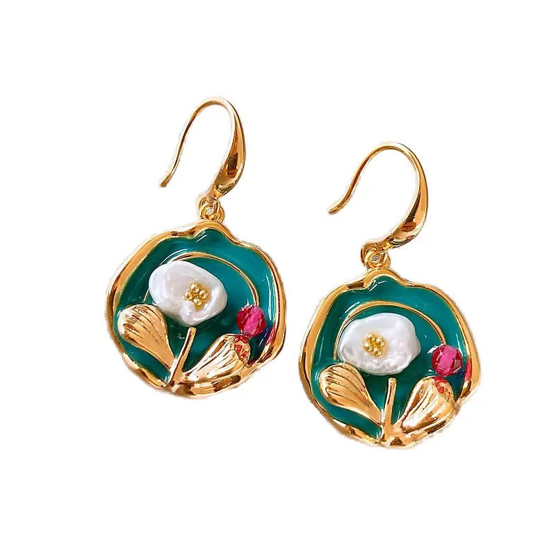 Glammiee High Fashion Dripping Oil Stud Earrings Oil Painting Style Natural Pearl Earrings French Style for Women