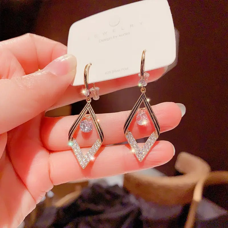 Glammiee New Fashion Geometric Korean Diamond Double Crystal Earrings Long Shiny Rhinestone Dangle Drop Earrings Women
