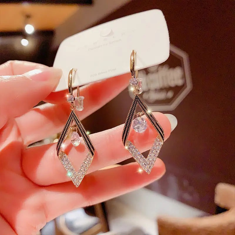 Glammiee New Fashion Geometric Korean Diamond Double Crystal Earrings Long Shiny Rhinestone Dangle Drop Earrings Women