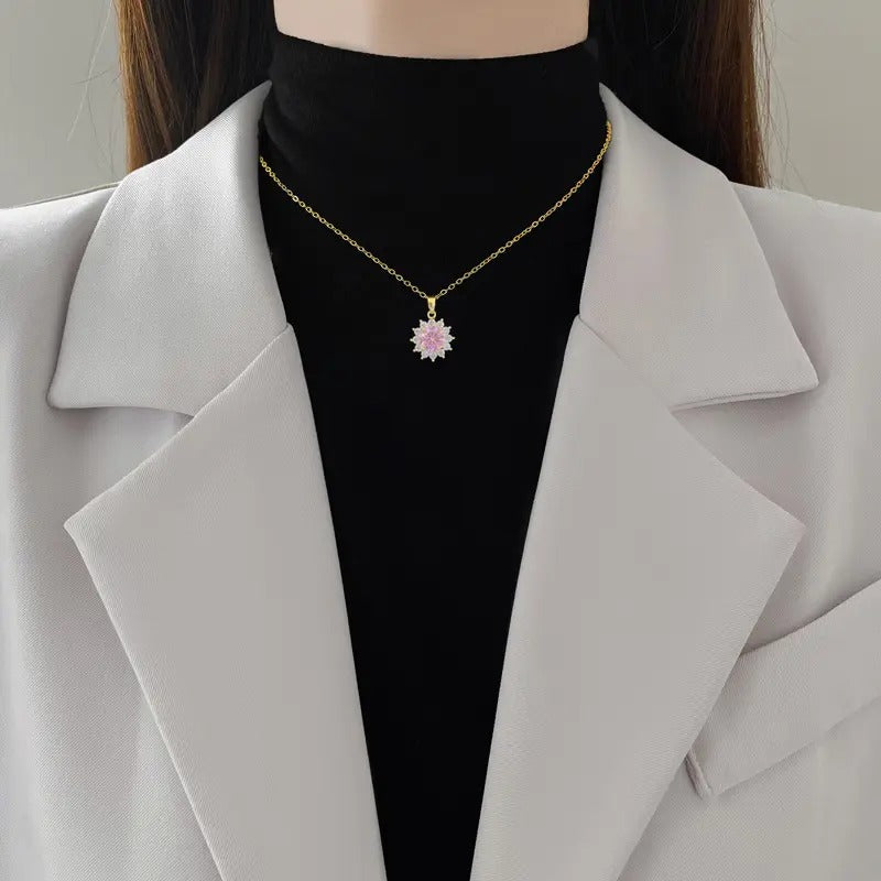 Glammiee Shiny Pink Zircon Flower Pendant