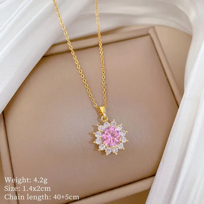 Glammiee Shiny Pink Zircon Flower Pendant