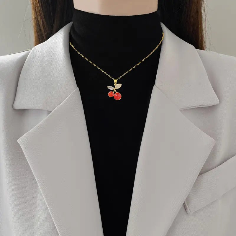 Glammiee Red Crystal Cherry Pendant Necklaces