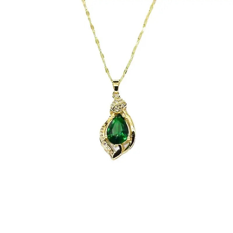 Titanium Steel Crystal Pendant Necklace Geometry Leaf Shaped Gold Plating Necklaces