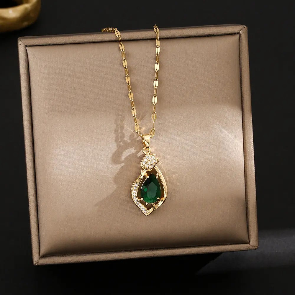 Titanium Steel Crystal Pendant Necklace Geometry Leaf Shaped Gold Plating Necklaces