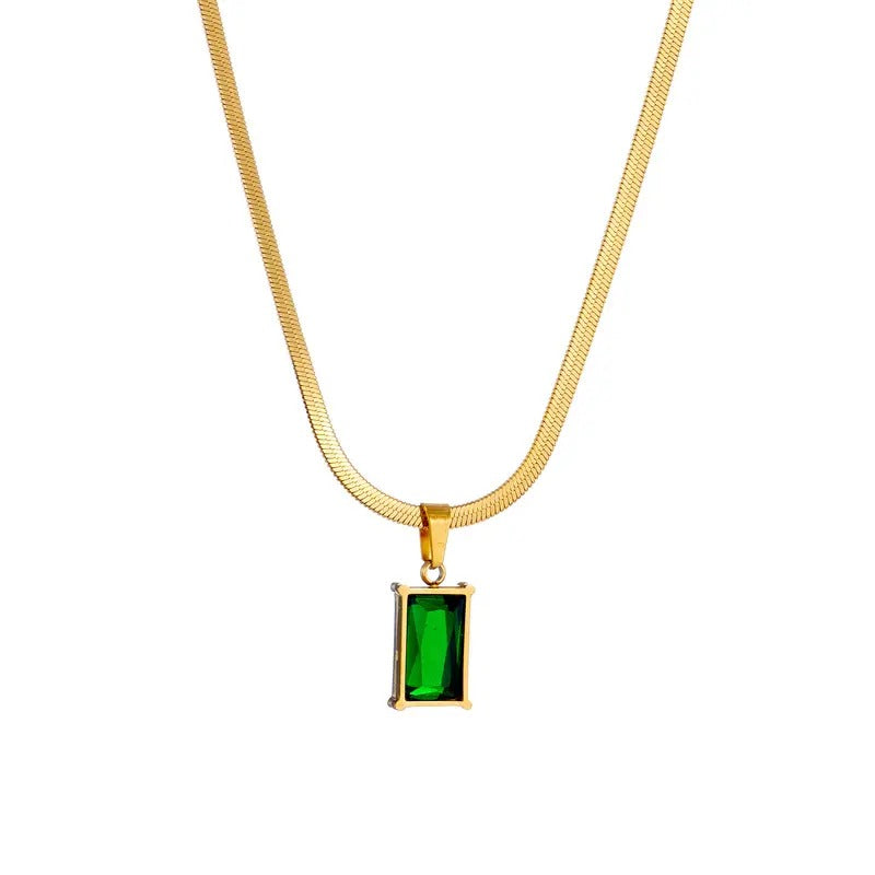 Glammiee Gold-Plated Stainless Steel Snake Bone Chain Rectangular Emerald Pendant Necklace
