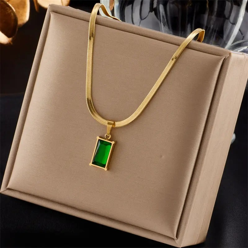 Glammiee Gold-Plated Stainless Steel Snake Bone Chain Rectangular Emerald Pendant Necklace