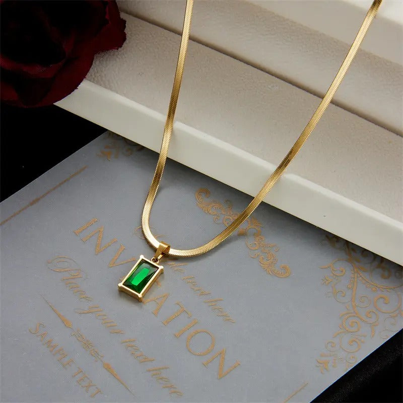 Glammiee Gold-Plated Stainless Steel Snake Bone Chain Rectangular Emerald Pendant Necklace