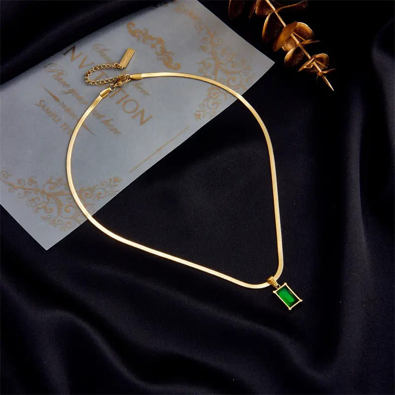 Glammiee Gold-Plated Stainless Steel Snake Bone Chain Rectangular Emerald Pendant Necklace