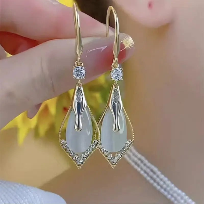 Glammiee Versatile Temperament Long Drop Pendant Dangling Earrings Geometric Diamond Studded Cat Eye Stone Earrings