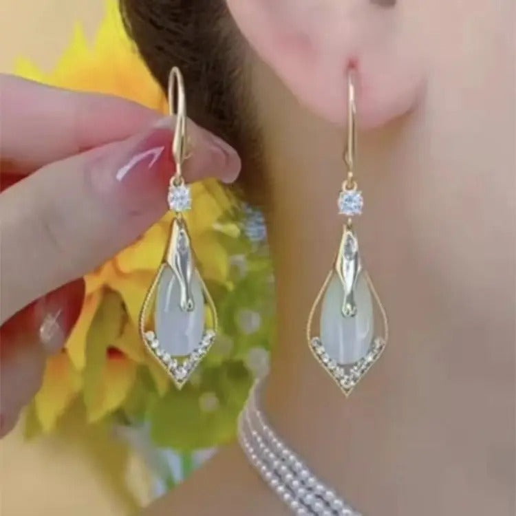 Glammiee Versatile Temperament Long Drop Pendant Dangling Earrings Geometric Diamond Studded Cat Eye Stone Earrings