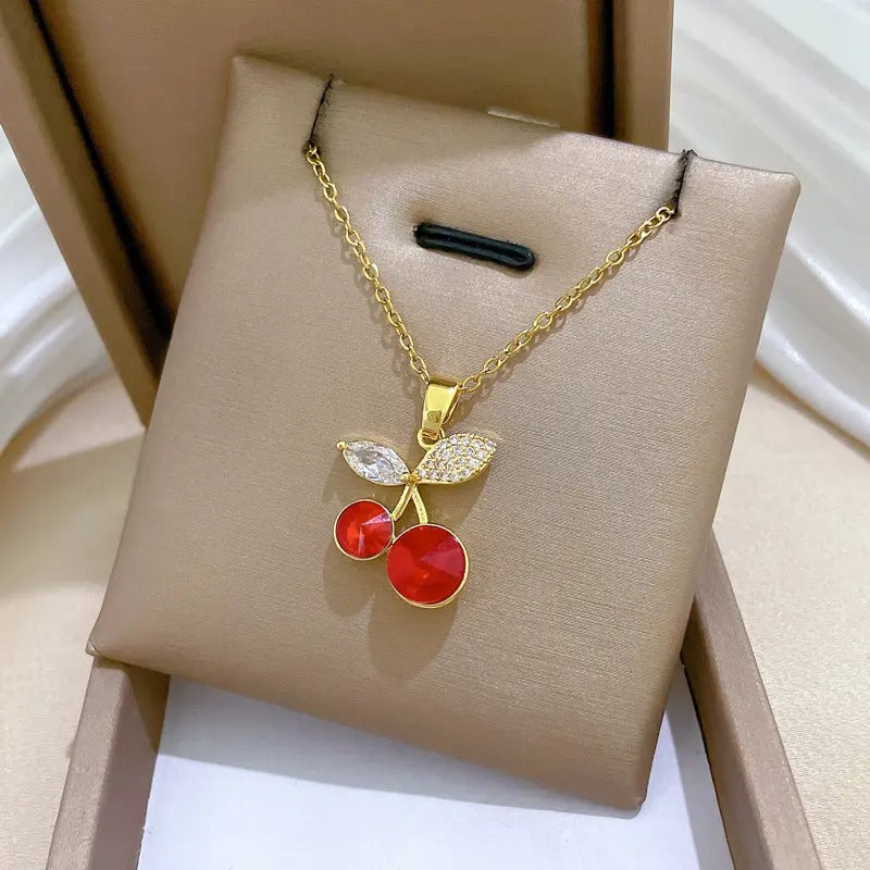 Glammiee Red Crystal Cherry Pendant Necklaces